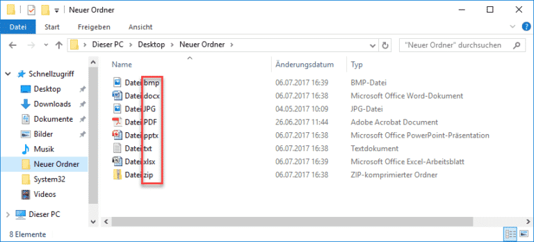 Dateiendungen bei bekannten Dateitypen im Windows Explorer einblenden bzw. anzeigen