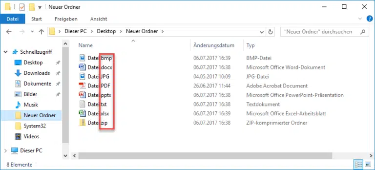 Dateiendungen bei bekannten Dateitypen im Windows Explorer einblenden bzw. anzeigen