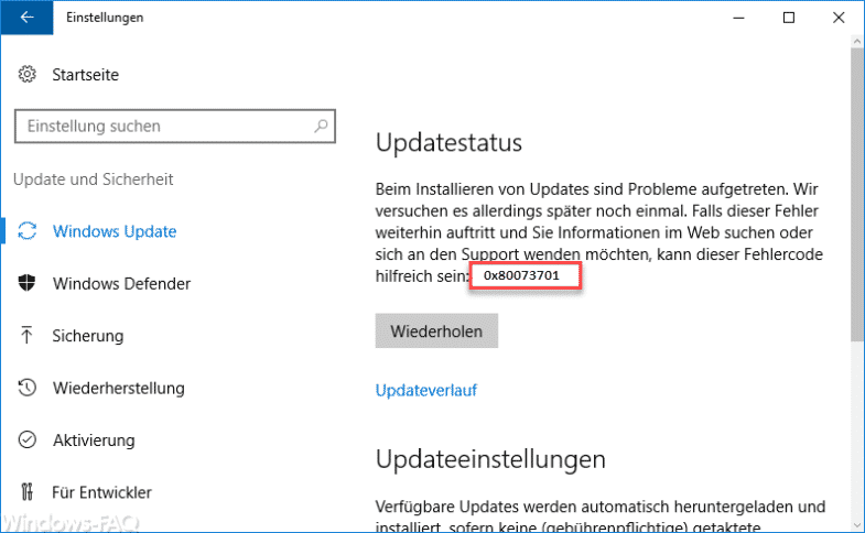 Windows Update Fehlercode 0x80073701