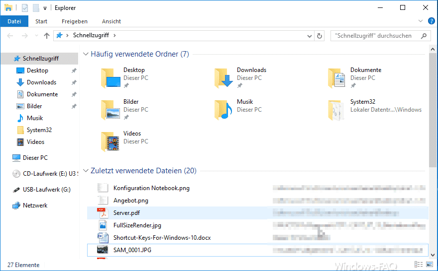 Windows 10 Explorer Anzeige häufig verwendete Ordner und zuletzt verwendete Dateien