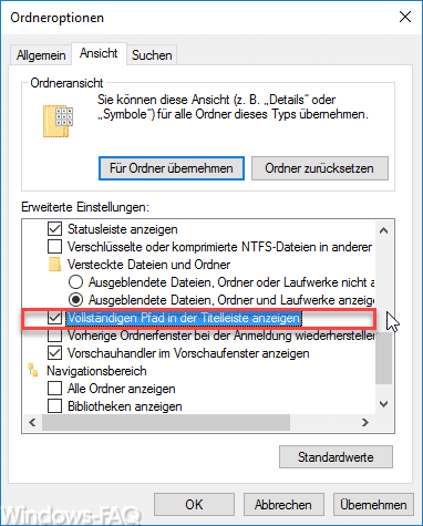 Kompletten Ordnernamen im Kopf des Windows Explorers anzeigen