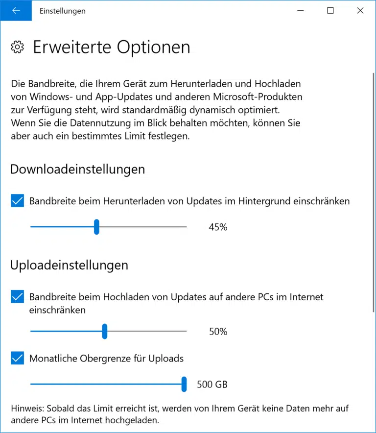 Downloadeinstellungen und Upload-Obergrenze für Windows Updates