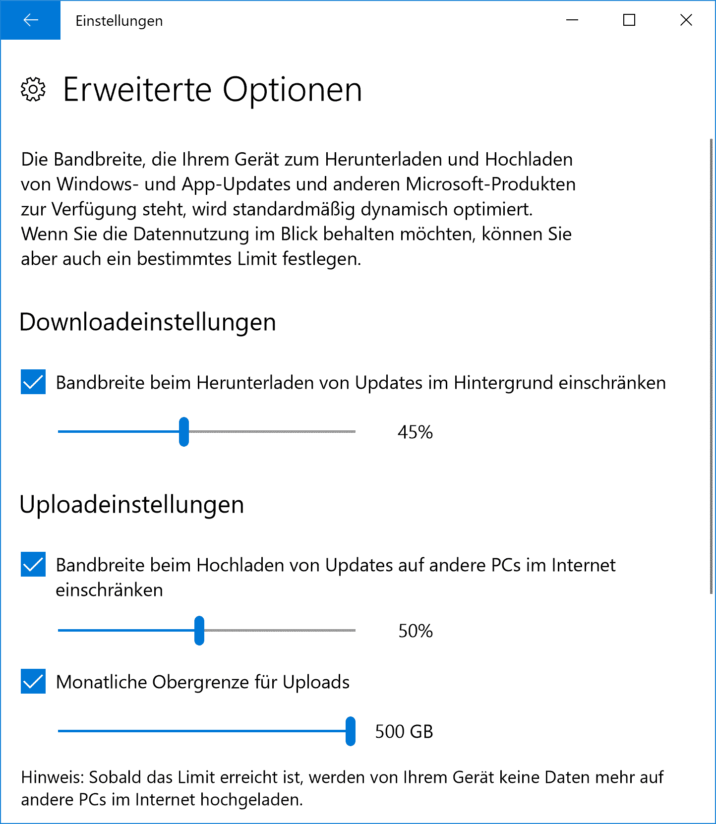 Downloadeinstellungen und Upload-Obergrenze für Windows Updates