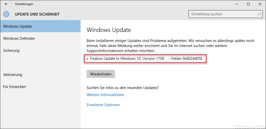 Fehlercode 0x80244018 beim Windows Update