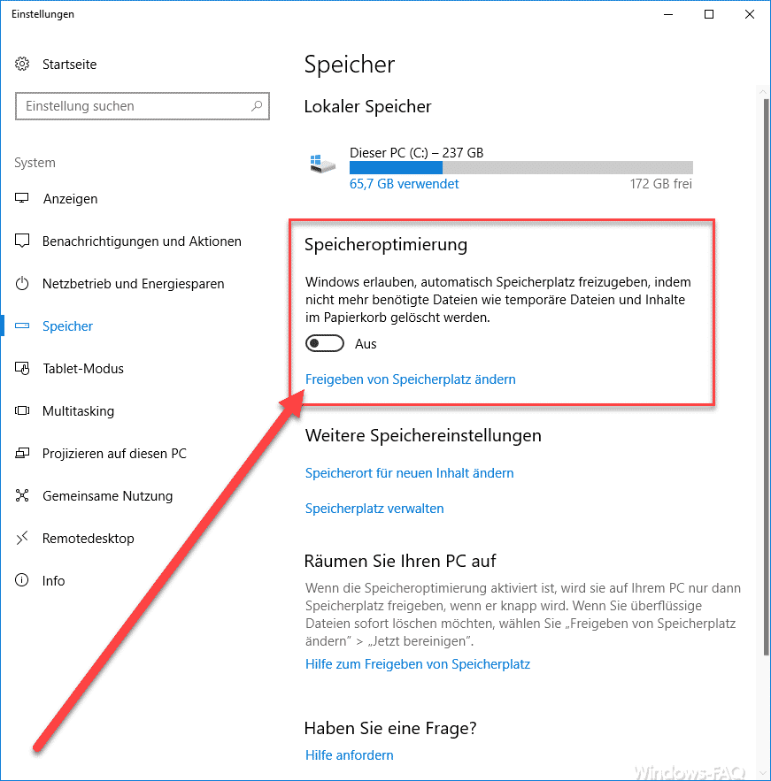 Freigeben von Speicherplatz ändern Windows 10 Fall Creators Update 1709