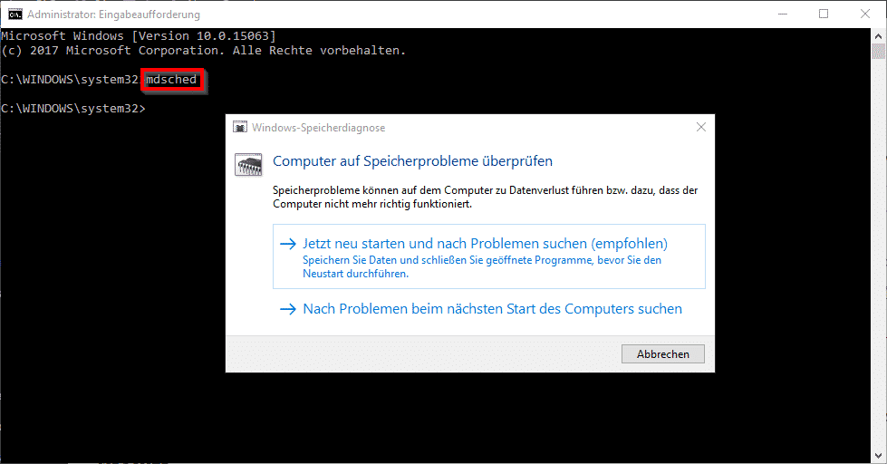 RAM Diagnose mit MDSCHED (Windows-Befehl)
