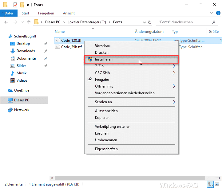 Font über Windows Explorer installieren