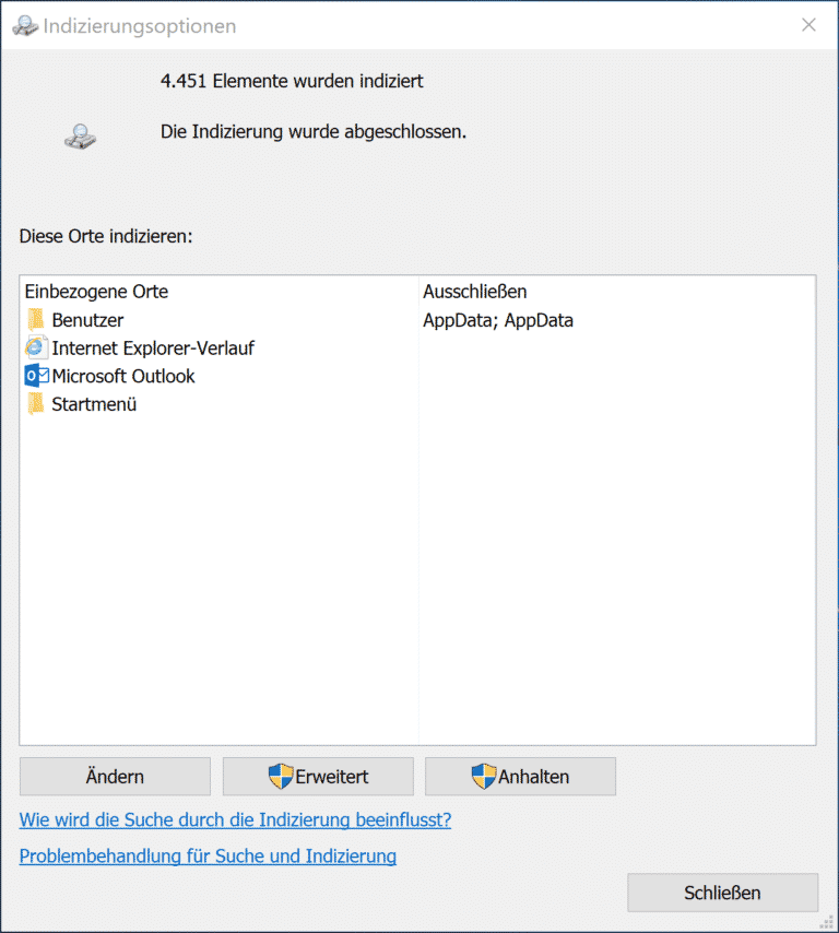Windows 10 Indizierungs-Einstellungen (Optionen) anzeigen bzw. anpassen
