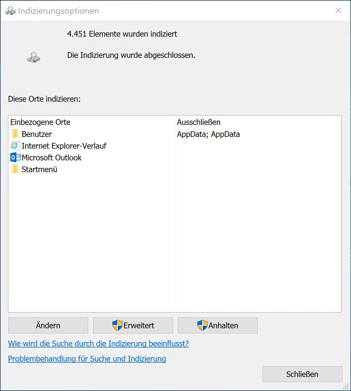 Windows 10 Indizierungs-Einstellungen (Optionen) anzeigen bzw. anpassen