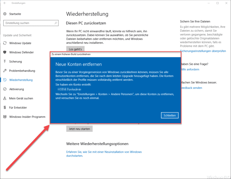Neue Konten entfernen – Deinstallation von Windows 10 Feature Updates