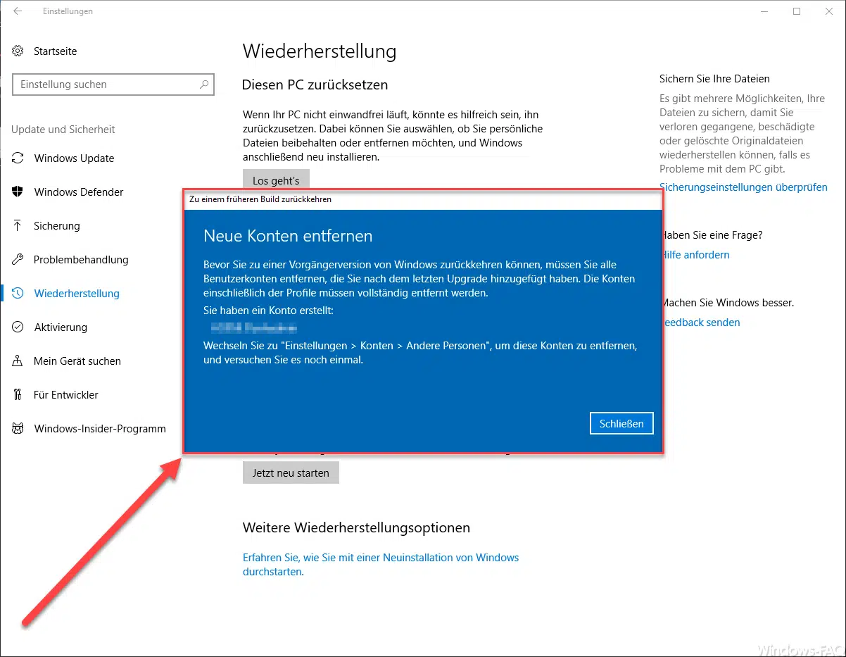 Neue Konten entfernen – Deinstallation von Windows 10 Feature Updates