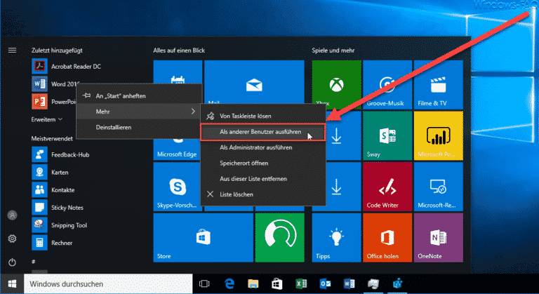 „Als anderer Benutzer ausführen“ dem Windows 10 Startmenü hinzufügen