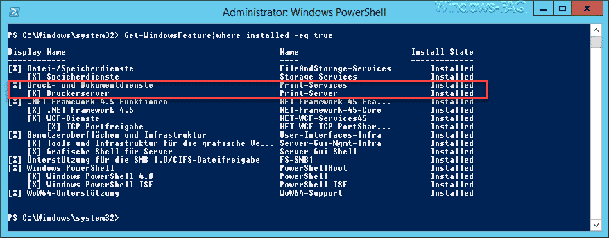 Get-WindowsFeature where installed -eq true