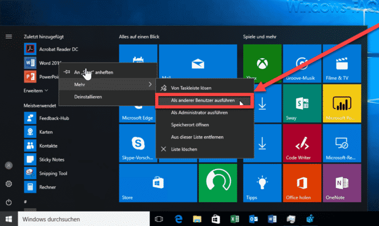 Gruppenrichtlinie für Windows 10 Startmenü „Als anderer Benutzer ausführen“