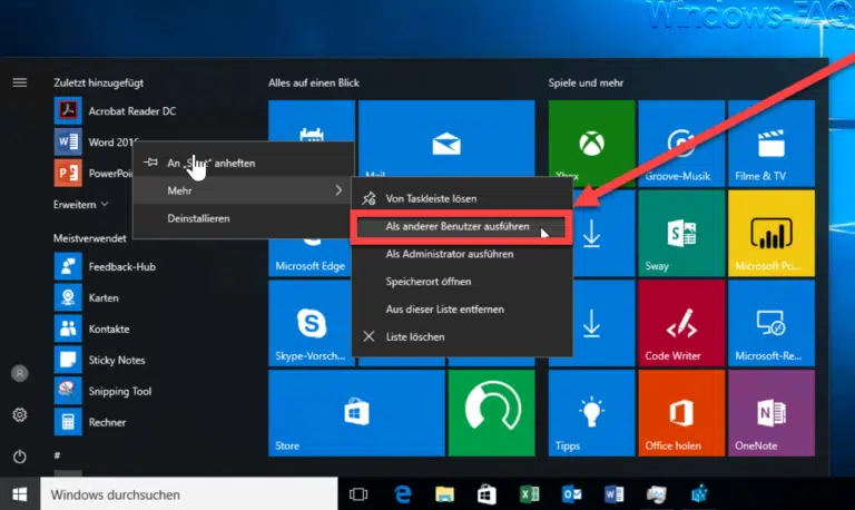 Gruppenrichtlinie für Windows 10 Startmenü „Als anderer Benutzer ausführen“