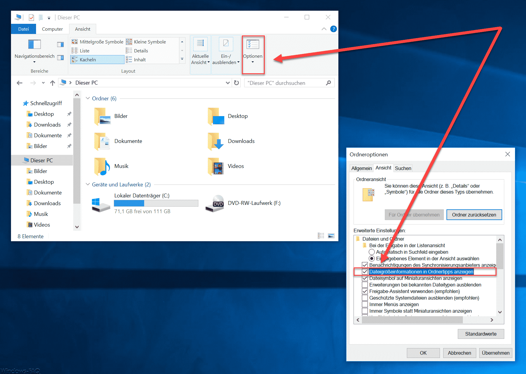 Dateigrößen-Informationen in den Windows Explorer Ordnertipps anzeigen