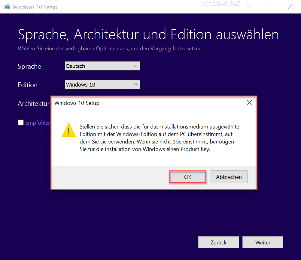 Windows 10 Stellen Sie sicher, dass die für das Insallationmedium ausgewählte Editon...