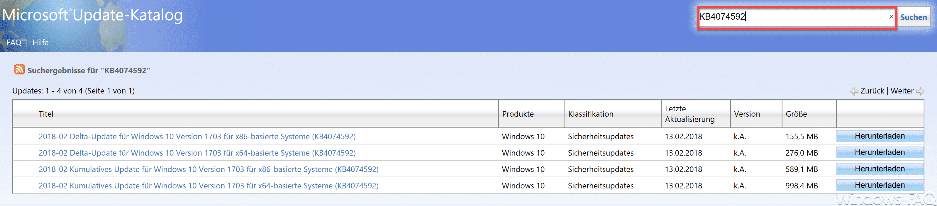 KB4074592 Download für Windows 10 1703 Creators Update Build 15063.909