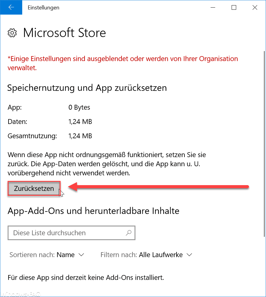 Zurücksetzen der Microsoft Windows 10 Store App