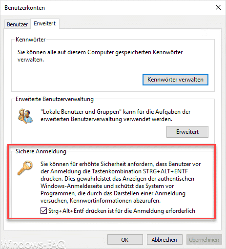 Sichere Anmeldung mit ALT + STRG + ENTF bei Windows aktivieren