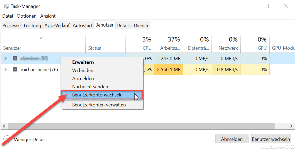 Benuterkonto wechseln Windows 10
