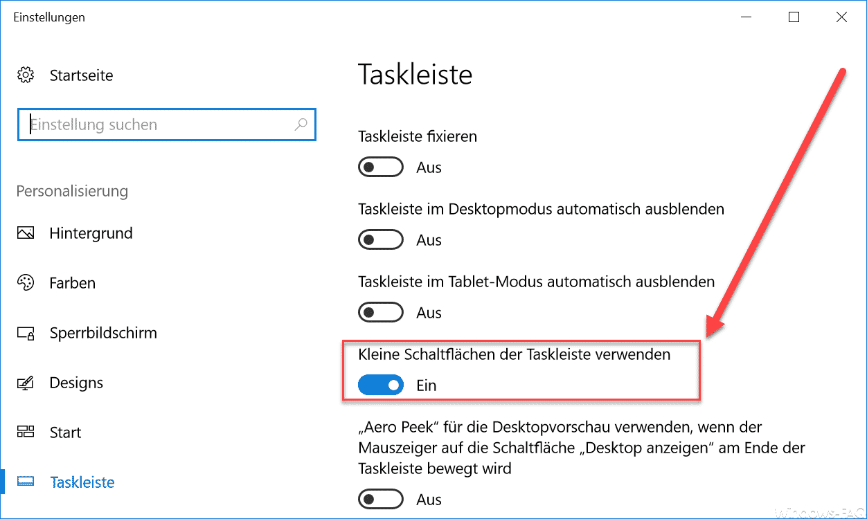 Windows 10 Taskbar auf kleine Symbole umschalten