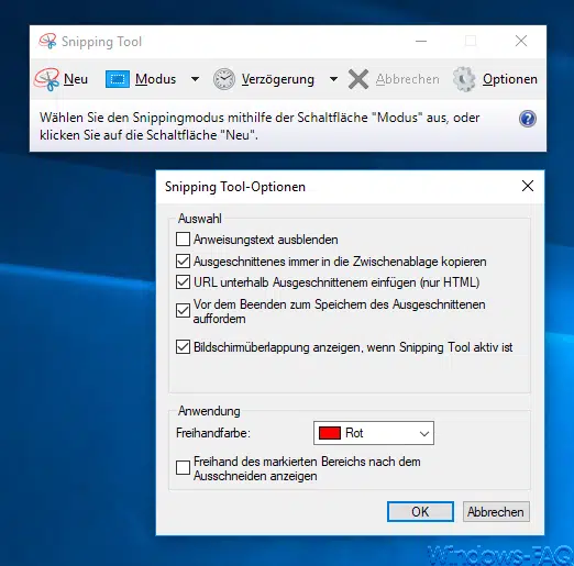Snipping Optionen