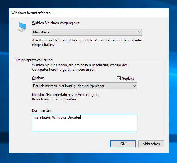 Ereignisprotokollierung (Event Tracker) beim Herunterfahren vom Windows 10 aktivieren (Registry)