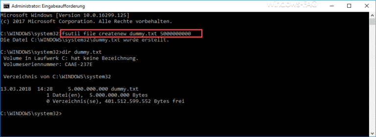 Große Dummy-Dateien manuell und schnell per Befehl mit FSUTIL erzeugen