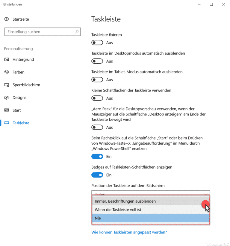 Gruppieren der Taskleistensymbole bei Windows 10 deaktivieren