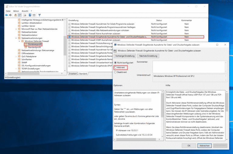 Windows Firewall per Gruppenrichtlinie konfigurieren (Datei – und Druckerfreigabe)