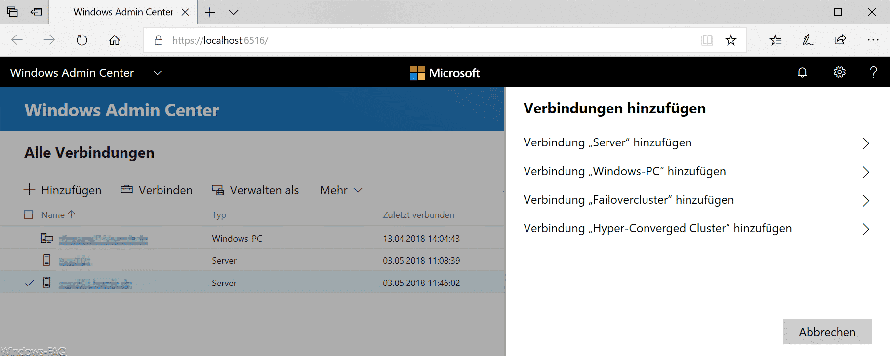 Verbindungen Windows Admin Center