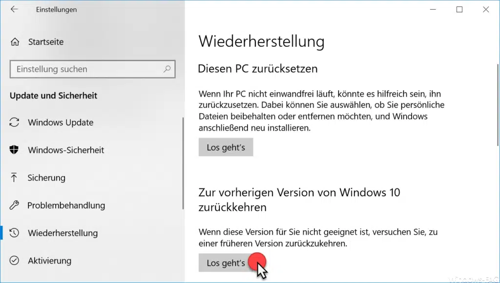 Vorherige Windows 10 Version wiederherstellen