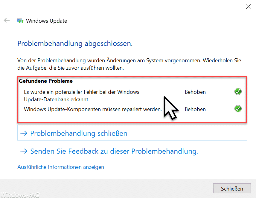 Windows Update Problembehandlung gefundene Probleme