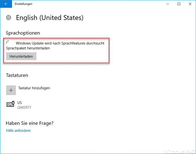 Windows Update wird nach Sprachfeatures durchsucht ...