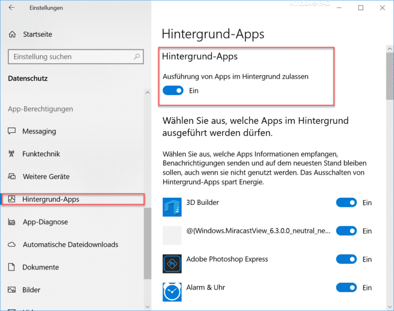 Ausführen von Apps im Hintergrund bei Windows 10 deaktivieren