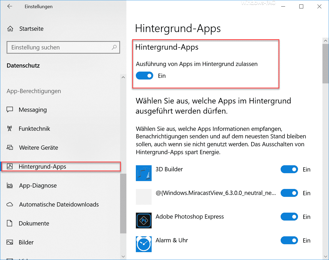 Ausführen von Apps im Hintergrund bei Windows 10 deaktivieren