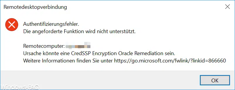 Authentifizierungsfehler – Ursache könnte eine CredSSP Encryption Oracle Remediation sein