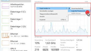 CPU Auslastung der logischen Prozessoren im Windows Taskmanager anzeigen