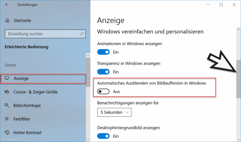 Windows 10 Bildlaufleiste am rechten Rand einblenden oder ausblenden