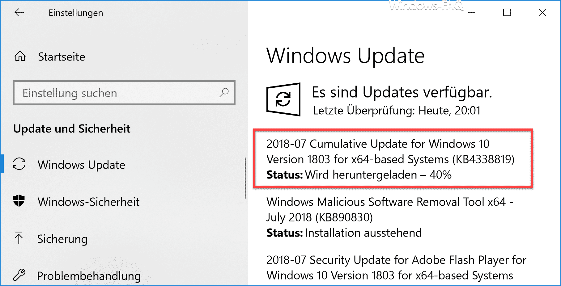 Update KB4338819 für Windows 10 Version 1803 erschienen