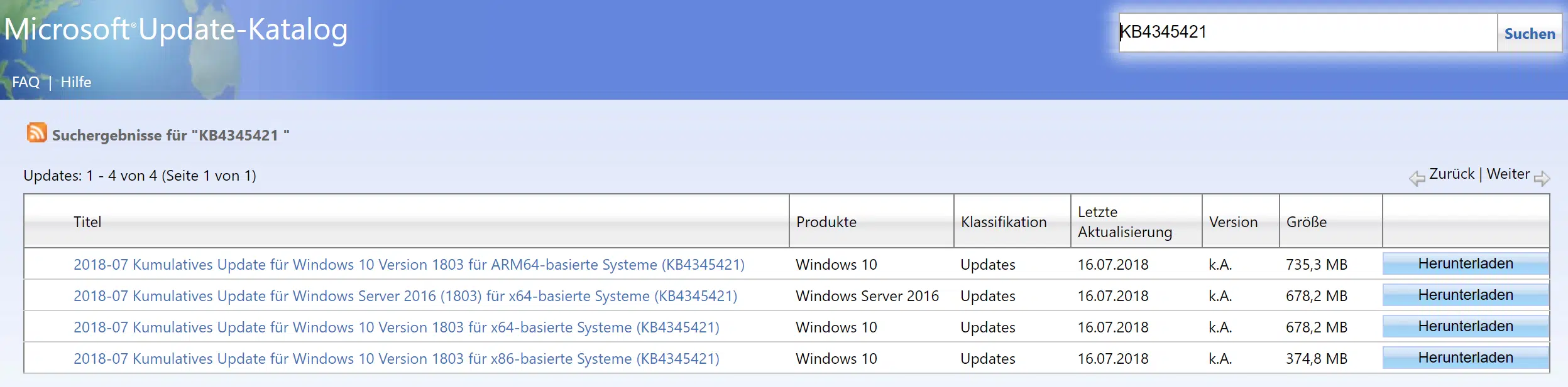 KB4345421 für Windows 10 Version 1803 Build 17134.167 freigegeben