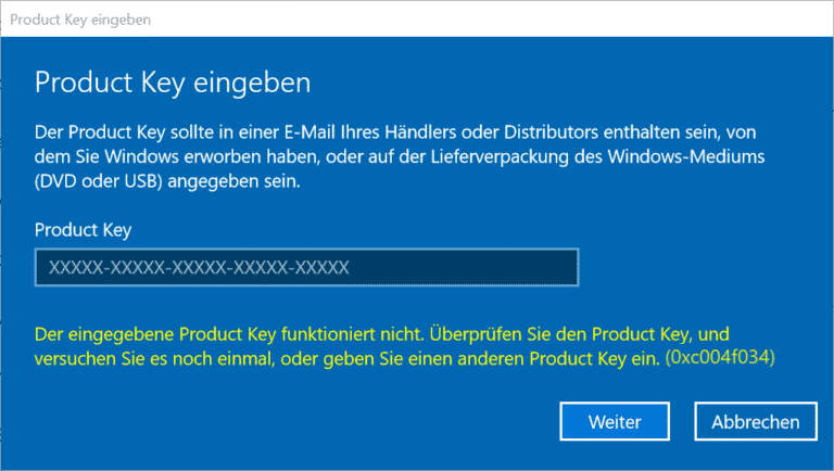 Windows Aktivierungsfehler 0xC004F034