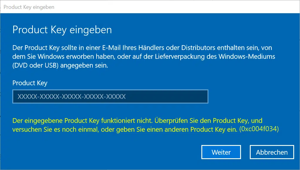 Windows Aktivierungsfehler 0xC004F034