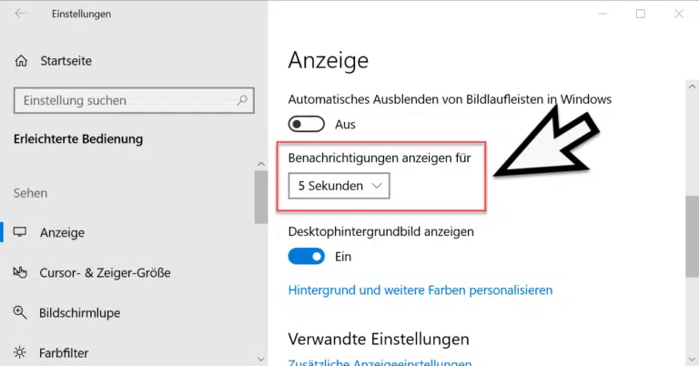 Anzeigedauer der Benachrichtigungen ändern bei Windows 10