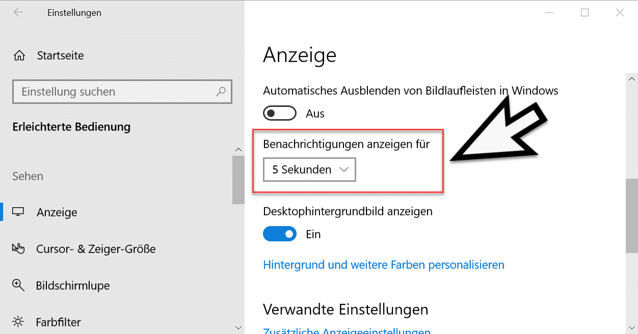 Anzeigedauer der Benachrichtigungen ändern bei Windows 10