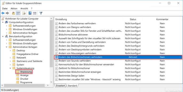 Ändern des Bildschirmschoners verhindern bei Windows