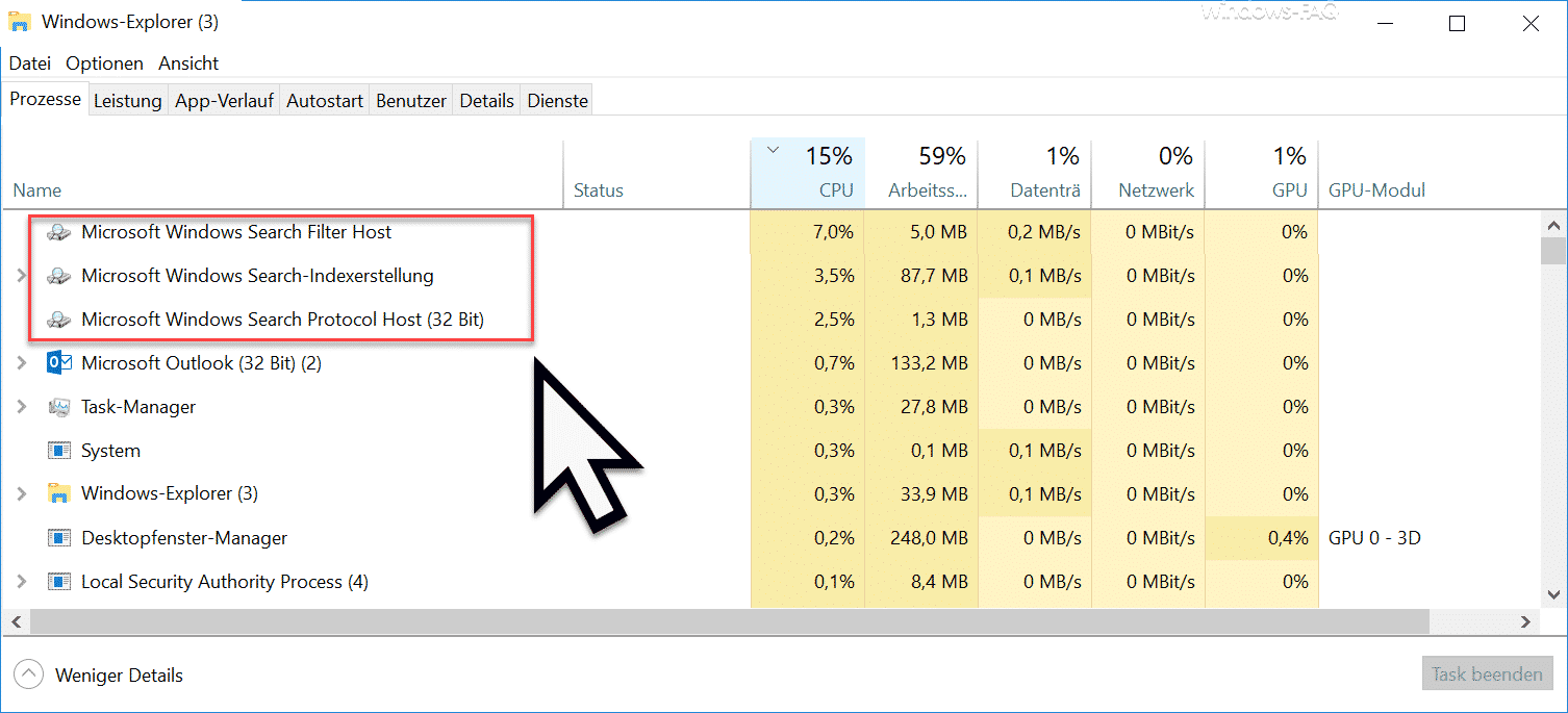 Microsoft Windows Search-Indexerstellung – Filter Host & Search Protocol Host verursachen hohe CPU-Auslastung