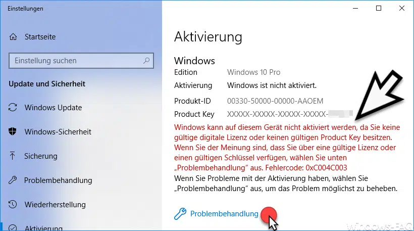 Windows kann auf diesem Gerät nicht aktiviert werden. Aktivierungs-Fehlercode 0xC004C003
