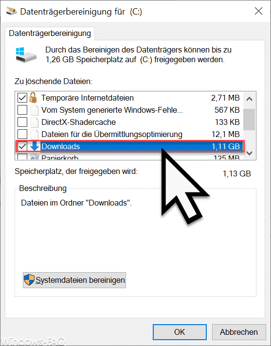 Windows Downloadordner bereinigen über Cleanmgr bei Windows 10 Version 1809